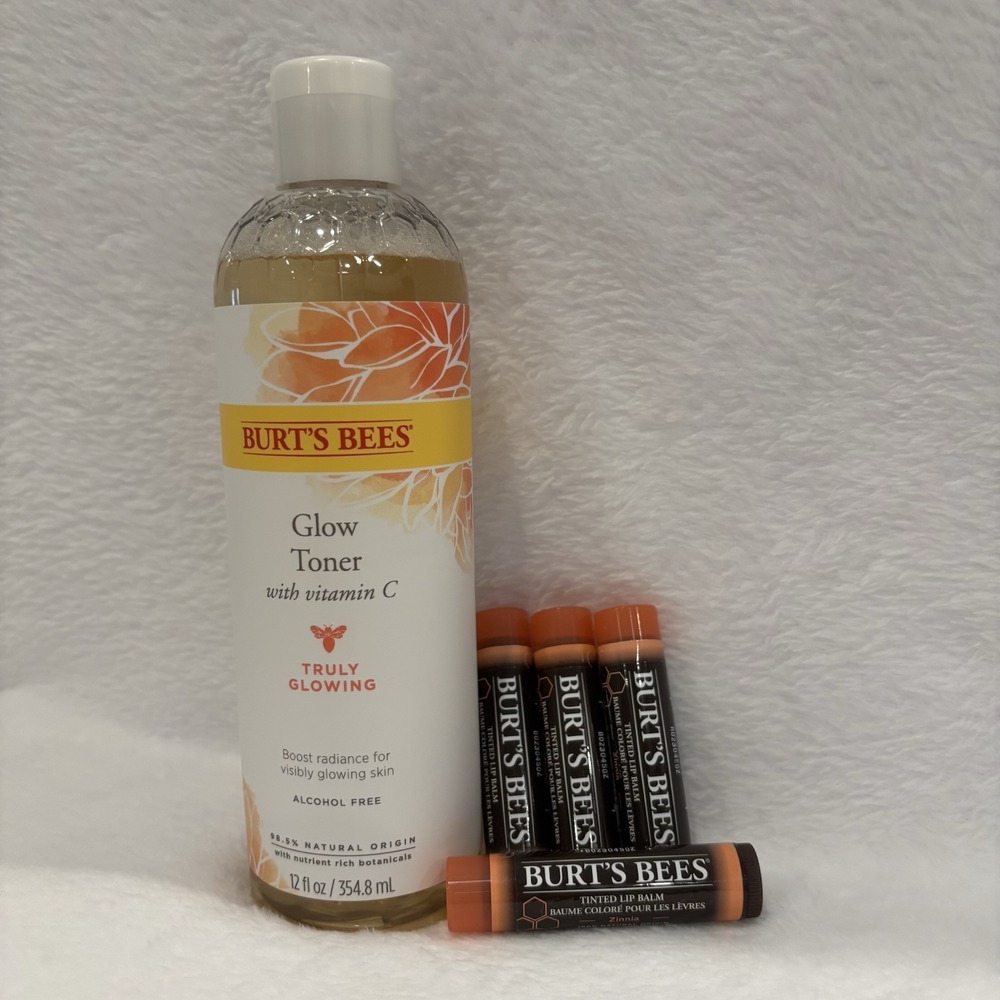 NEW Burt's Bees Truly Glowing Toner 12floz AND (4) Tinted Lip Balm ~ Sealed